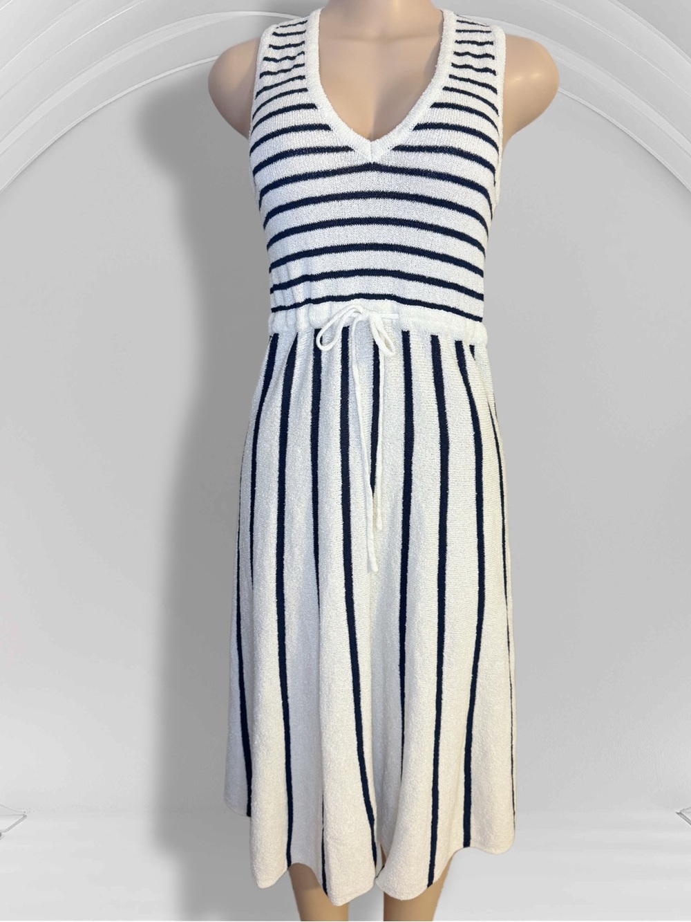 Zara Navy & Cream Striped Knit Midi Dress – Size S